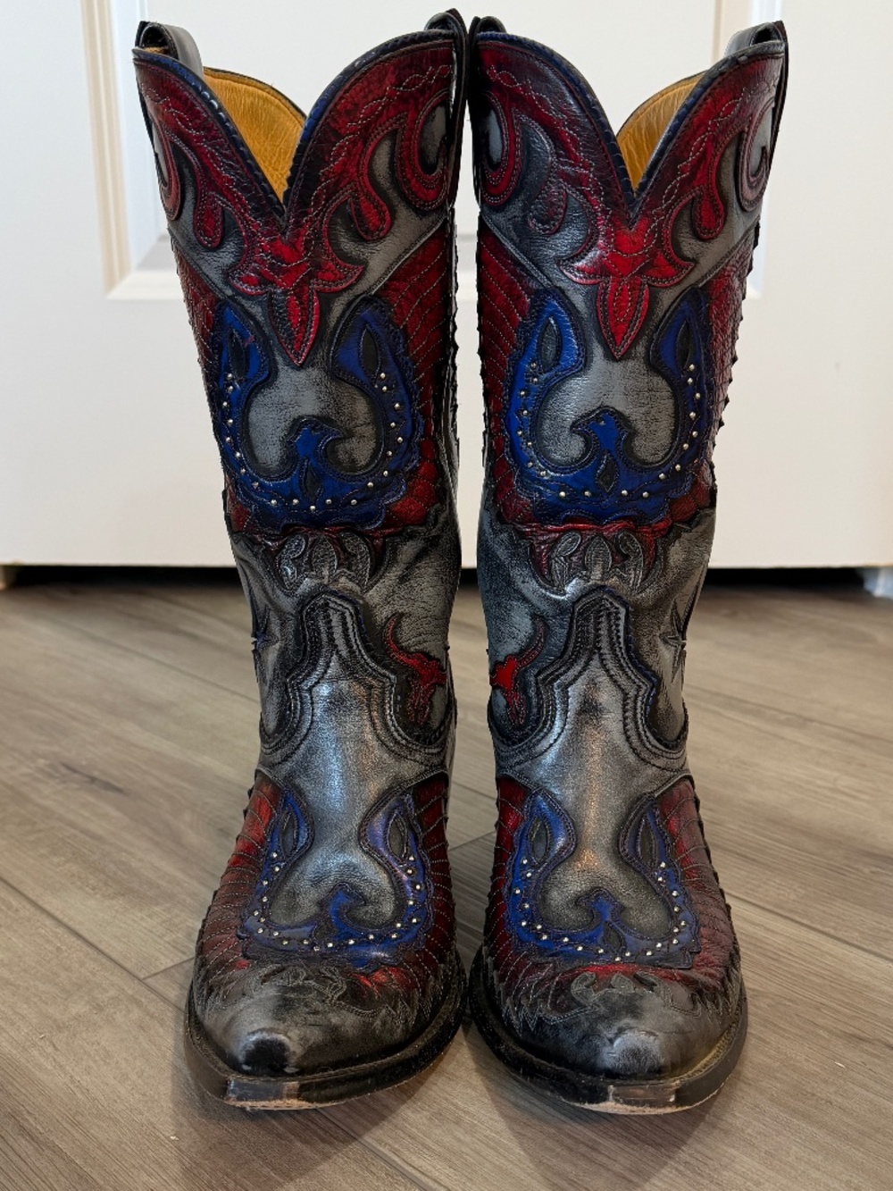 Vintage Old Gringo Eagle Inlay Star Cowgirl Boots – Red, Blue & Distressed Black